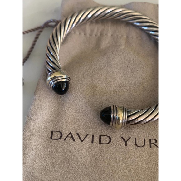 David Yurman Two-Toned Silver & 14k Gold & Black Onyx 7mm Cable Bracelet - Picture 2 of 7